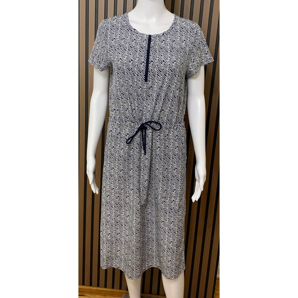 T by Talbots Women's XS Navy White Swirl Print Quarter Zip Drawstring Midi Dress